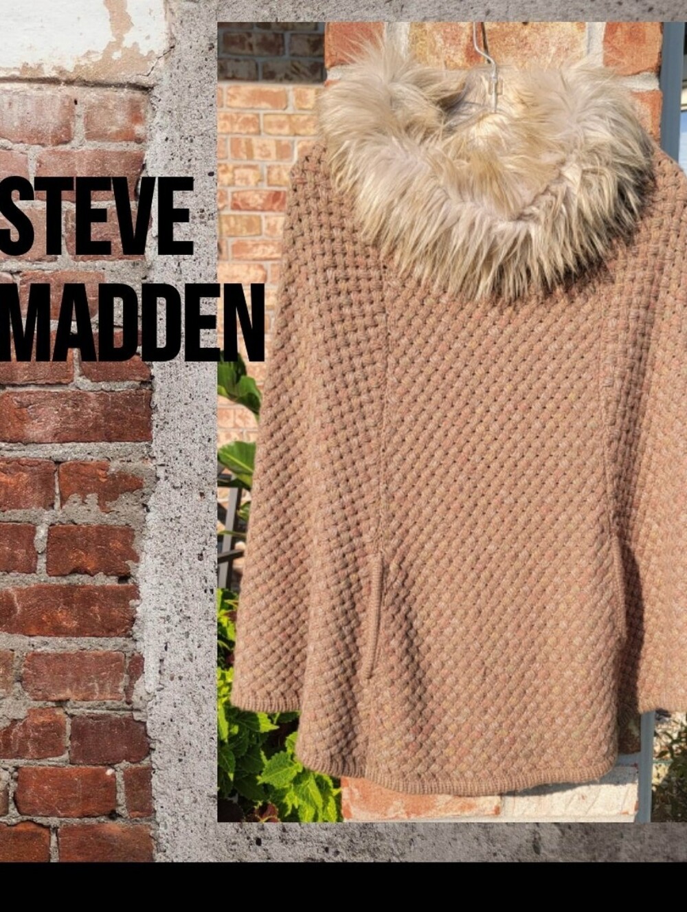 Steve Madden Taupe Knit Sweater Poncho with Faux-Fur Collar Trim - Picture 1 of 9